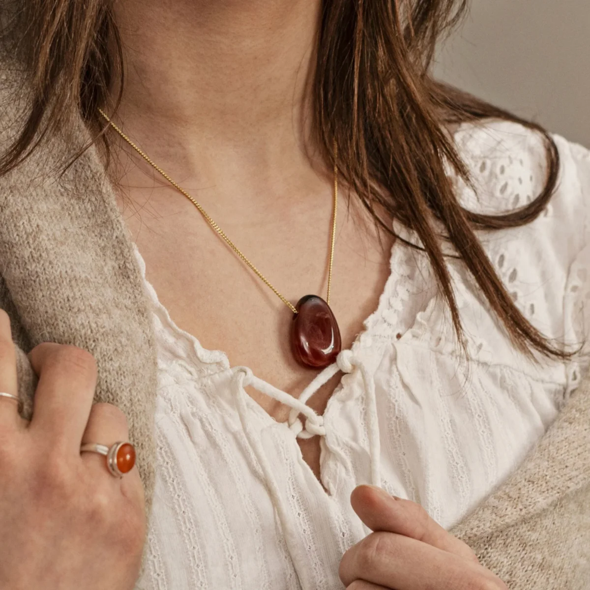 Karneol halsband med silver eller guldpläterad kedja - Bild 4